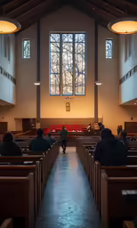 a person walks through the pews in a church