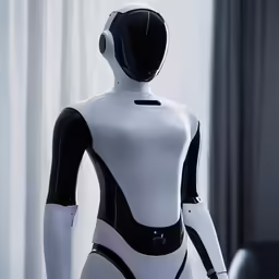 a woman in white robot suit, one arm extended
