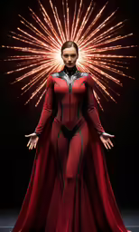 a person wearing red and black outfit with fireworks behind her