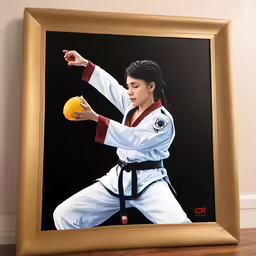 the woman in the white kimono has her arm out while doing karate