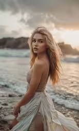 an attractive blonde woman standing on top of a beach