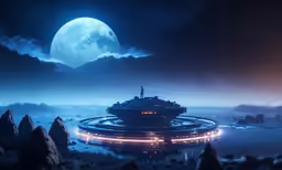 a futuristic space station on a dark night with a huge moon in the background