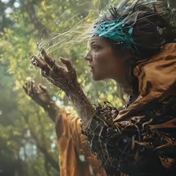 a woman in armor and feathers with the branches out