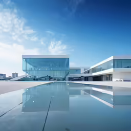 a large glass building with blue sky in the background