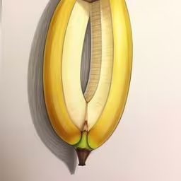 a yellow banana is hanging up on the wall,a very big yellow banana hanging on a wall,a fruit painting with a large banana cut in half,a piece of art made with some paper with banana slices,an artistic piece of artwork with yellow bananas inside