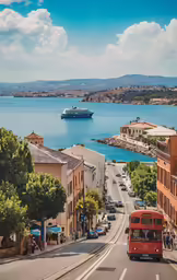 a boat sits in the middle of the ocean and is heading down the street