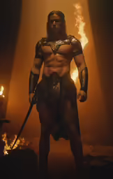 a man in fire - covered clothes is holding a sword