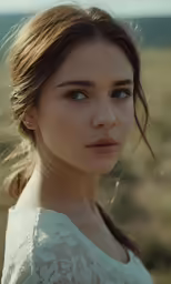 the beautiful young woman is posing in a field