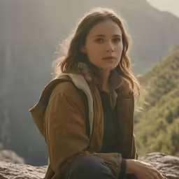 a woman is sitting on rocks in a mountainous area