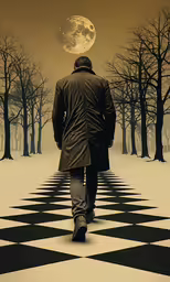 a man in black coat walking through a forest under a moon