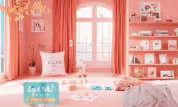 there is pink and orange in the bedroom with a small mirror