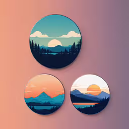 three circular paintings of mountains with the sun rising,three round coasters of mountains are displayed on the wall