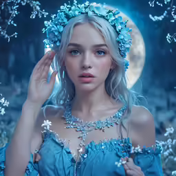 a beautiful blond woman wearing a blue dress