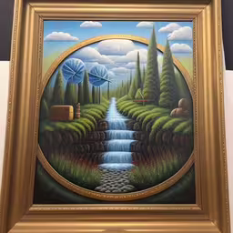 a painting on display by the wall,a painting with a blue umbrella over the water,a painting hanging on the wall,a painting of a small creek in a wooded area,a painting on display in a frame
