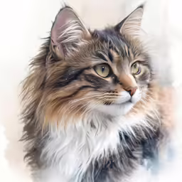 a fluffy, black gray and white cat stares straight ahead