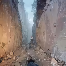 a man is riding his bike in a narrow ravine