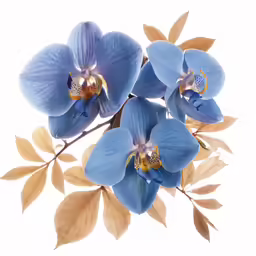 a blue orchid with white petals and two green bugs