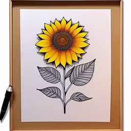 a drawing of a sunflower that has been drawn,sunflower drawing on paper with ink pen in frame