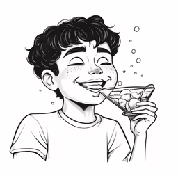 the smiling boy drinks from a martini glass