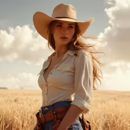 a young lady wearing cowboy boots and a hat stands in the middle of a wheat field