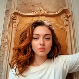 a girl poses in front of a framed photo