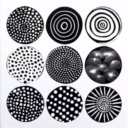 a poster of eight black and white circles,six circles are shown with the same pattern