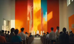 the people are sitting in the church looking down at their