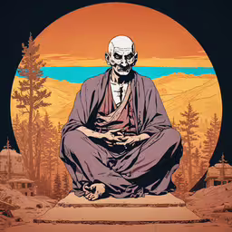 an illustration of an asian monk in the wilderness,the skeleton man is sitting in meditation on a rock
