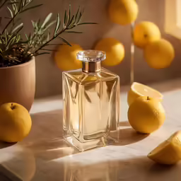 a glass bottle that has lemons on the ground