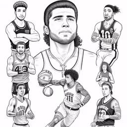a man with long hair and long beard is shown in this drawing,basketball players and their names in a pencil drawing,a group of people wearing different uniforms on basketball uniforms,basketball players and a professional athlete line up,the illustrated drawing of basketball players for sports