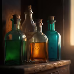 four small glass bottles and one is blue and one has green
