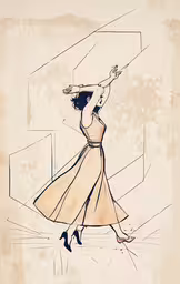 a drawing of a woman in a long dress,a woman in a dress and heels walking down a street