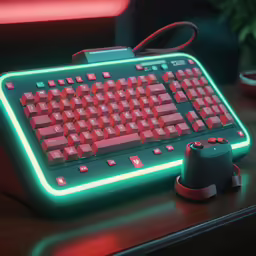 a glowing keyboard sits on top of a wood desk