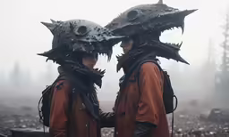 two men in black jackets and spikes on their hats