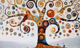 a painting that has circles painted on the branches of a tree