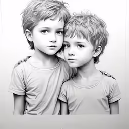 a black and white photo of two little kids, one is leaning up against the other side