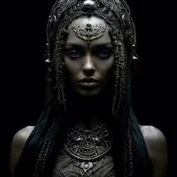 an alien woman wearing large, intricate headdress and elaborate jewelry