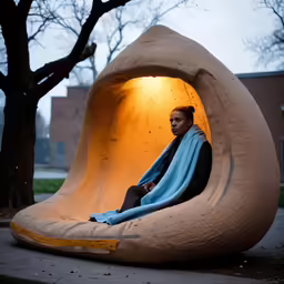 a woman is sitting in a boulder like structure