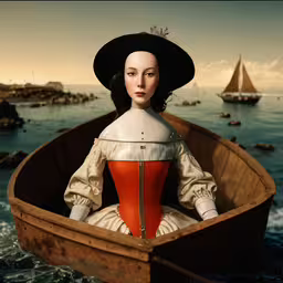 a statue is sitting in a boat near the ocean,a woman sitting in a boat next to the water