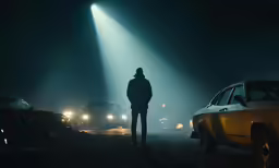 the person is standing in the dark between two cars