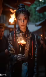 a woman is holding a small fire with another lit candle