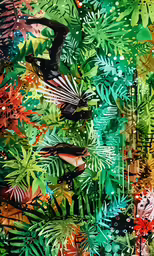 an abstract painting of birds and tropical plants