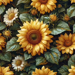 an arrangement of yellow and white flowers in a painting style,a painting of yellow sunflowers in a group of flowers