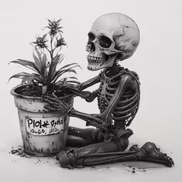a skeleton sitting next to a potted plant with the word hole on it