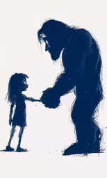 a silhouette of a female giantfoot holding the hand of a child