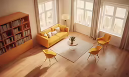 a room with chairs, a couch, and two windows