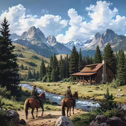 two people ride horses down a dirt path near a stream in the mountains
