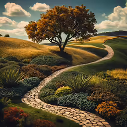 painting of a stone path and tree in field