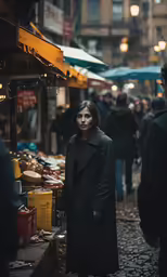 a man in a long coat standing in front of an open market
