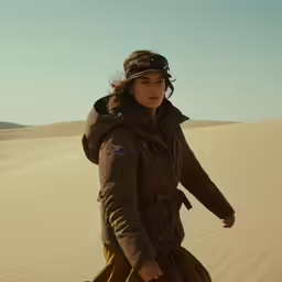 a woman with a brown coat in the desert